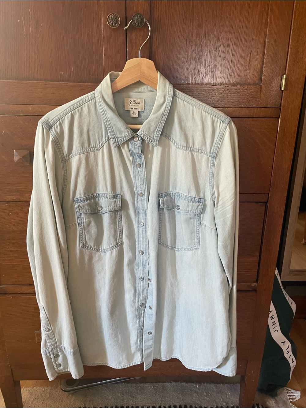 J.Crew Western Denim Shirt Light Wash Pearl Snap Button Up Women's Size 14